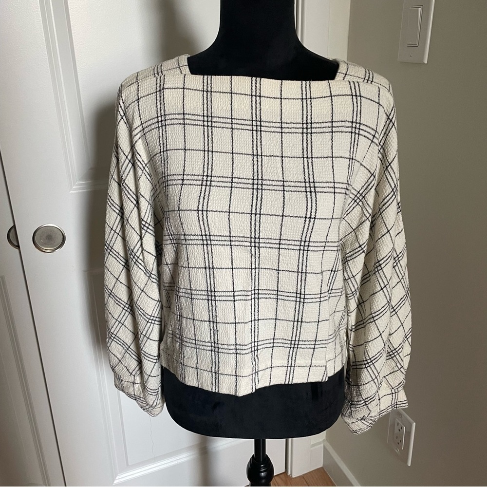 Tibi Ivory Black Multi Crepe Knit Check Square Neck Long Sleeve Top Size Small